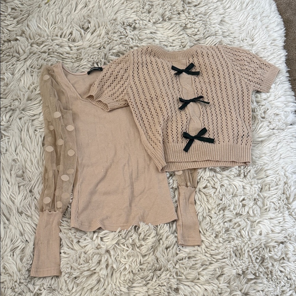 Beige Knit Top & Sheer Polka Dot Sleeve Layering Set - Beige with Black Bows